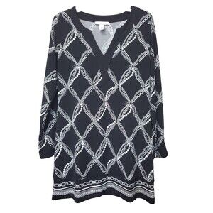 WHBM Black Chain Print V-Neck Long Sleeve Tunic Size Medium Stretchy